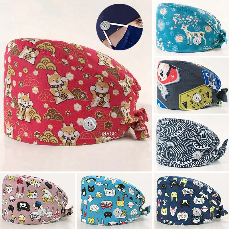 

Unisex Cotton Scrubs Caps Pet Grooming Nursing Work Hats Lab Printed Scrub Hat Adjustable Sweat-absorbent Elastic Hat Headwear