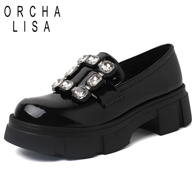 

ORCHA LISA 2022 Fashion Women Pumps Round Toe Rhinestone Patent Leather Slip-on Casual Plus Size 34-40 Black White Spring S3251