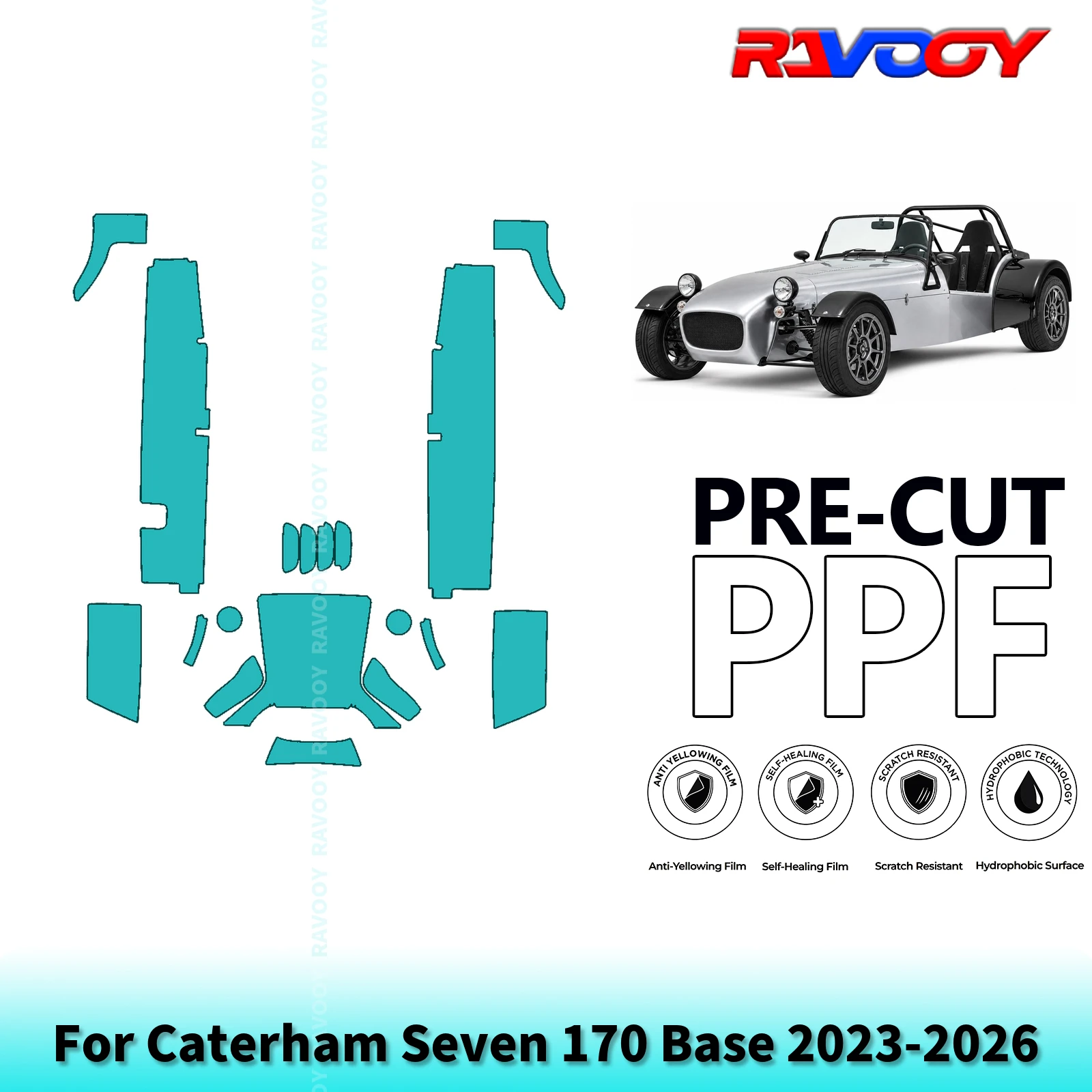 Фото Для Caterham Seven 170 Base 2023-2026: Полный комплект защитной пленки для передней части и боковых юбок, предварительно вырезанной для покраски (PPF Clear Bra Kit). |   Прозрачный/Матовый/Чёрный №1