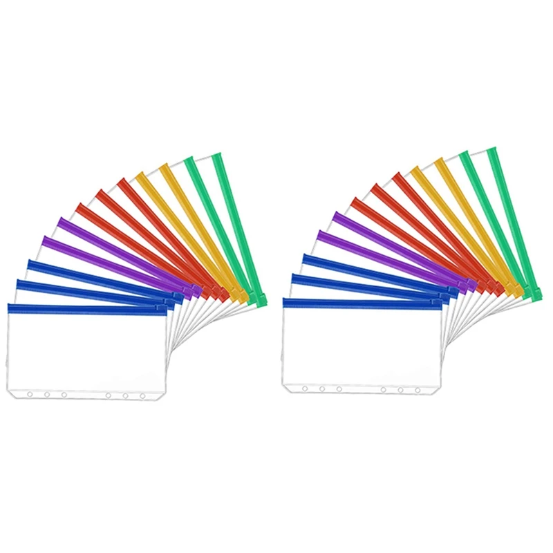 

24Pcs A6 Size 6 Holes Binder Pockets Plastic Colorful Binder Zipper Folders For 6-Ring Notebook Binder Loose Leaf Bags