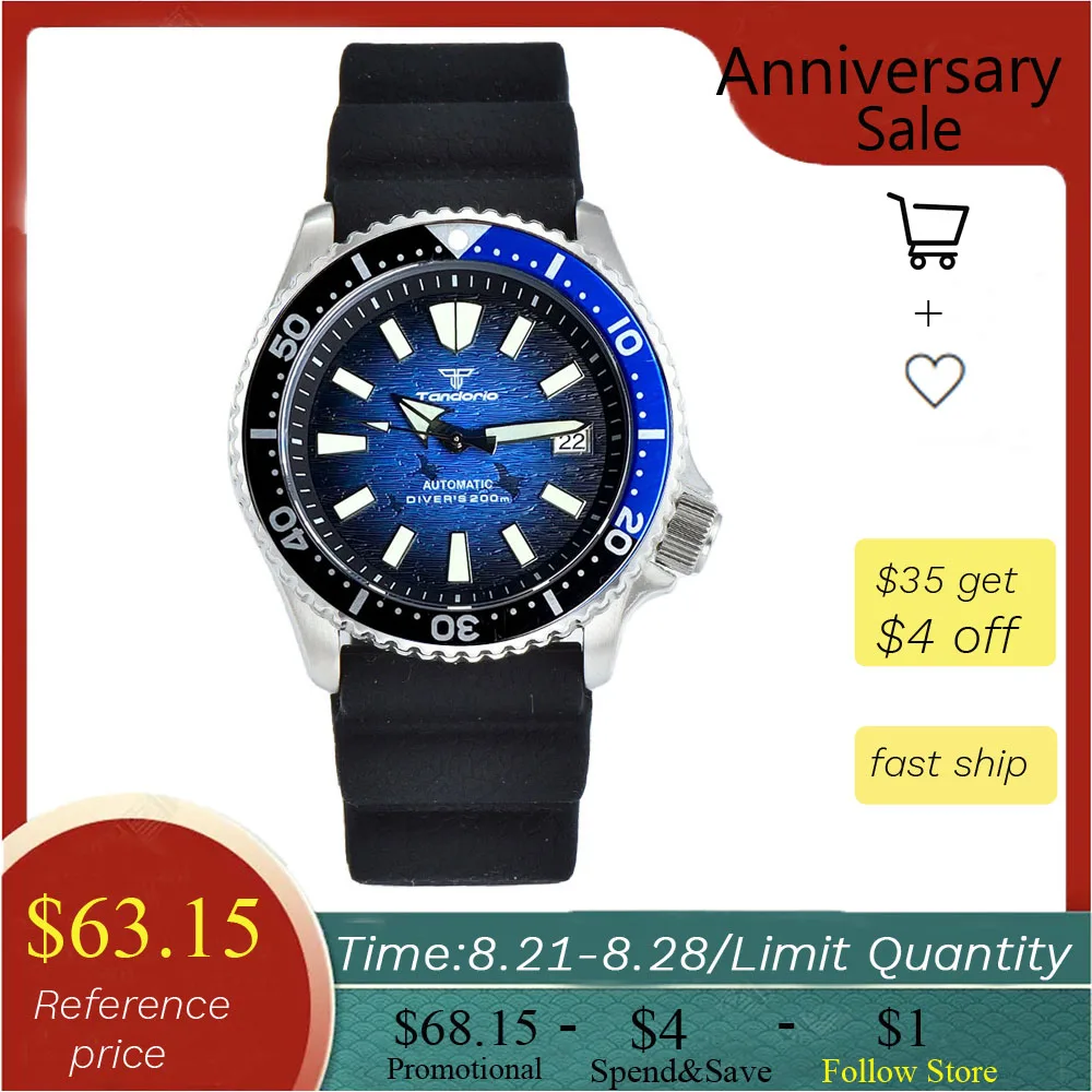 Мужские наручные часы Tandorio Blue Dive, 41 мм, водонепроницаемые, Япония, nh35, Movt, 3,8 Корона, плоский Сапфир, профессиональный дайвер