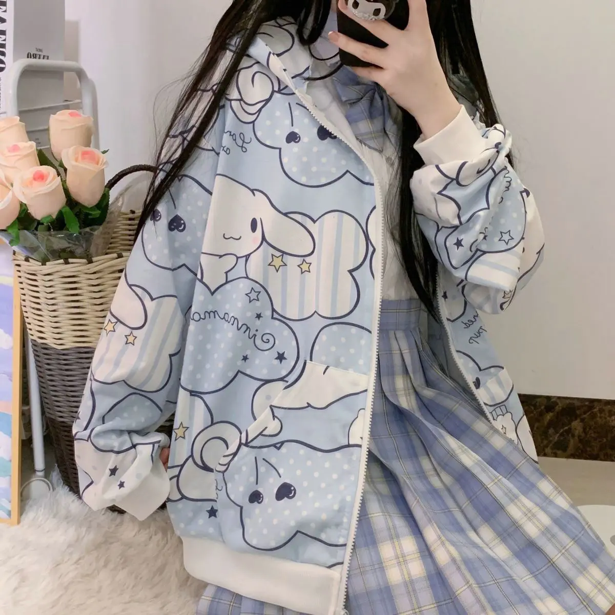 

Kawaii Sanrioed Anime Cartoon Series Cinnamoroll Sweet Cute Fashion Trend Fresh Pure Cotton Cardigan Loose Wild Coat Girl Gift