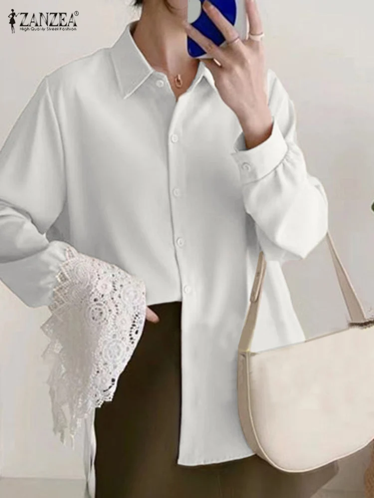 

ZANZEA Women Loose Lace Tied Blouse ZANZEA 2023 Spring Autumn Oversized Long Sleeve Tops Tunic Office Lady Blusas Femininas