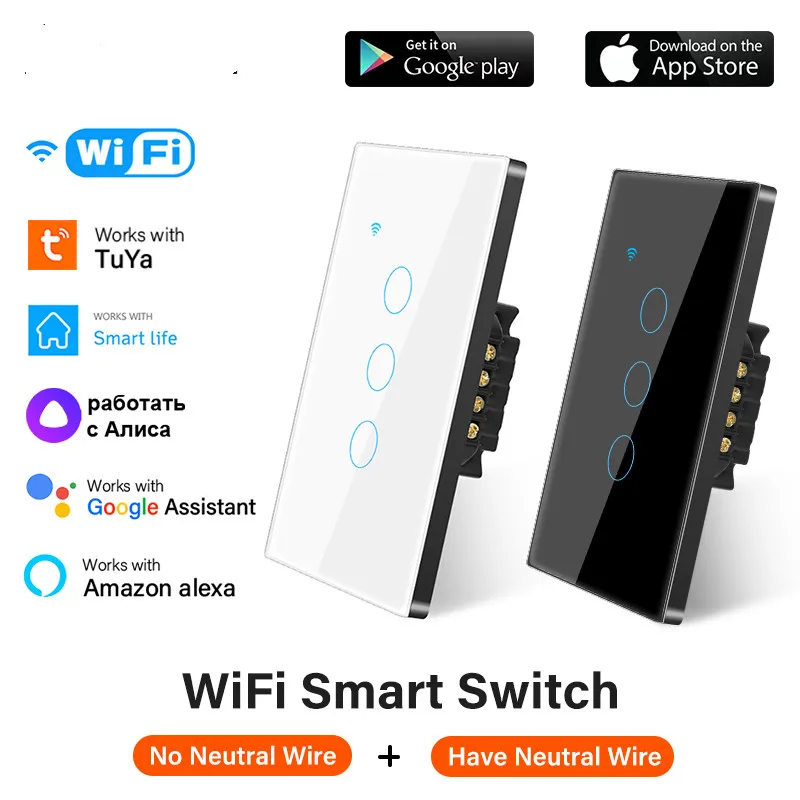 

CORUI Tuya WiFi EU US Smart Touch Switch 1/2/3/4 Gang Light Wall Button Neutral Wire Use With Alexa Google Home Alice Smart Life