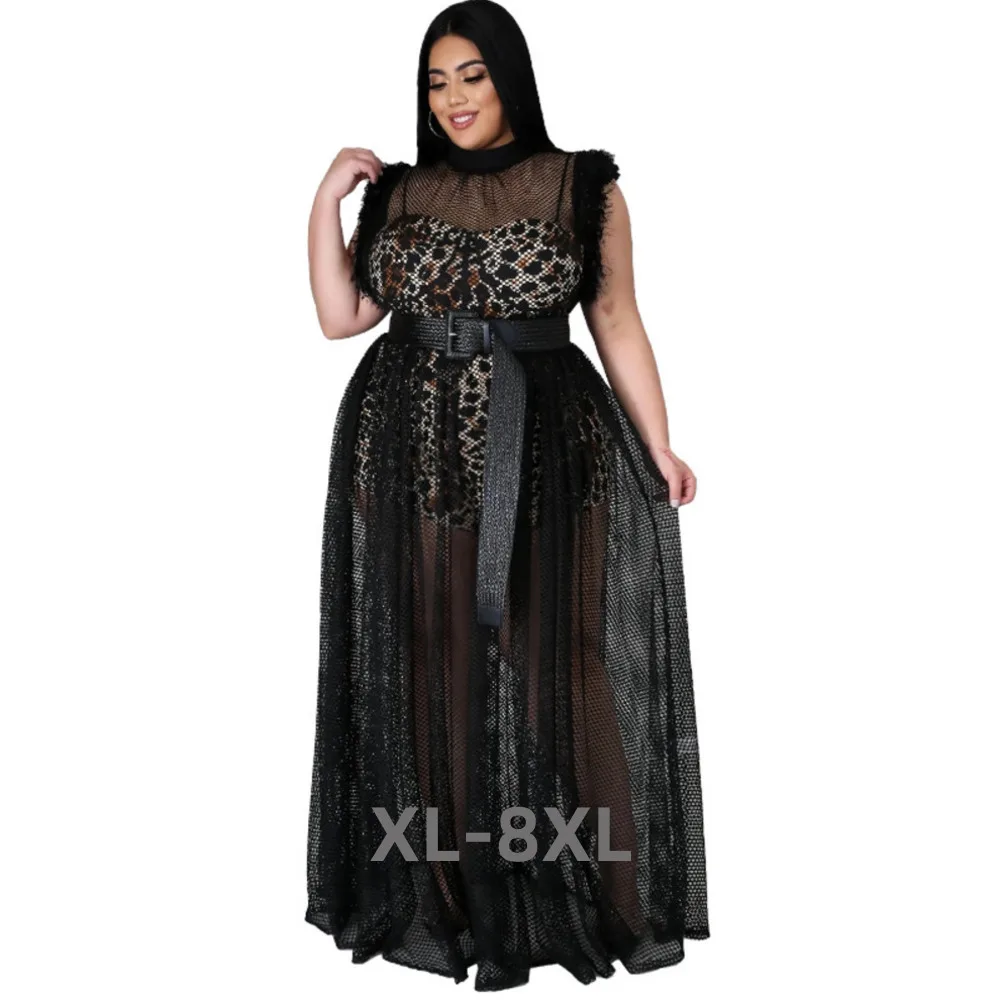 

Plus Size Black Dress Summer Wholesale Dropshipping Leopard Print Inside and Sexy Mesh Full Length Party Dress 3xl 4xl 5xl 6xl