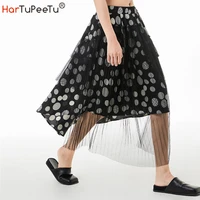 polka dot skirts midi women high waist streetwear patchwork gauze 2022 summer thin asymmetrical vestido mujer