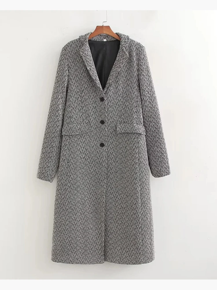 

Женское прямое длинное пальто с текстурированным принтом, Повседневная однобортная плотная Шерстяная Куртка для девочек, верхняя одежда, осень-зима 2023
