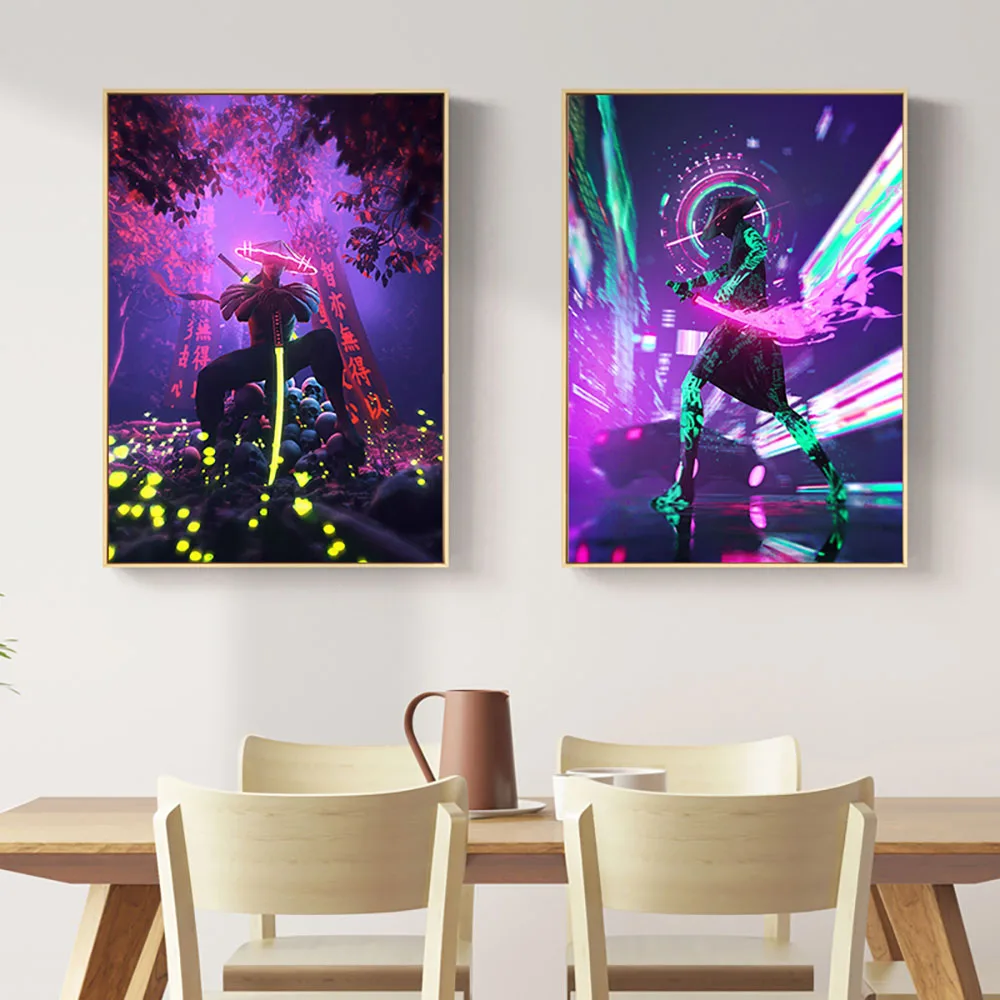 

Classic Neon Samurai Wall Art Canvas Painting Ninja Posters Prints Modern Living Room Bedroom Home Wall Decor Pictures Frameless