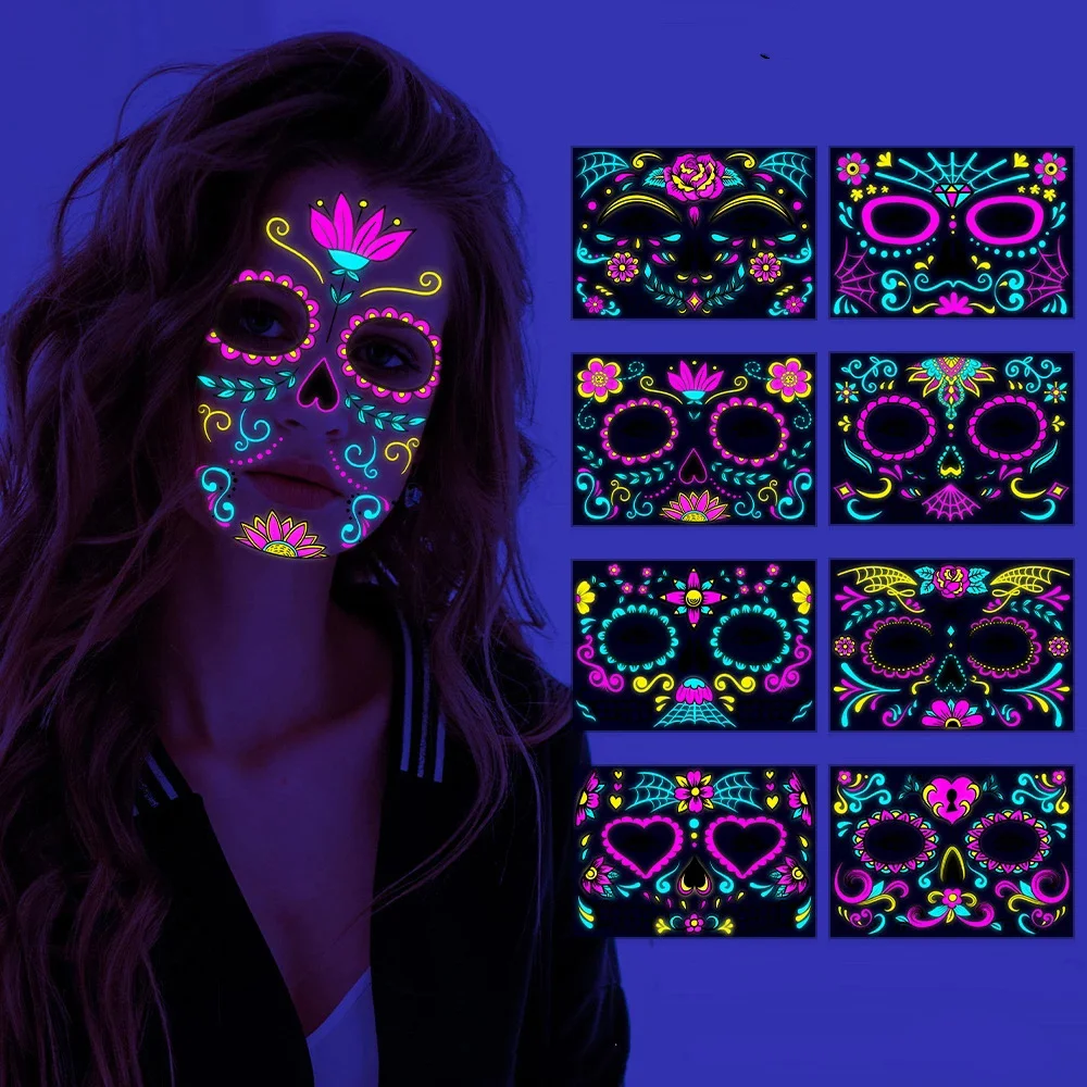 

Halloween Tattoo Face Fluorescent Sticker Day Of the Dead Funny Temporary Neon Face Sticker For Festival Masquerade Party Makeup