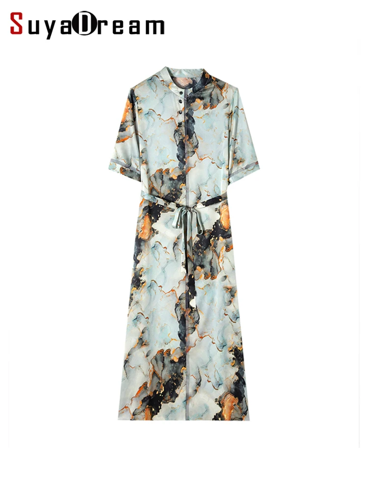 

SuyaDream Women Long Dress 90%Silk 10%Spandex Printed Polo Neck Sashes Shirt Dresses 2022 Spring Summer Clothes