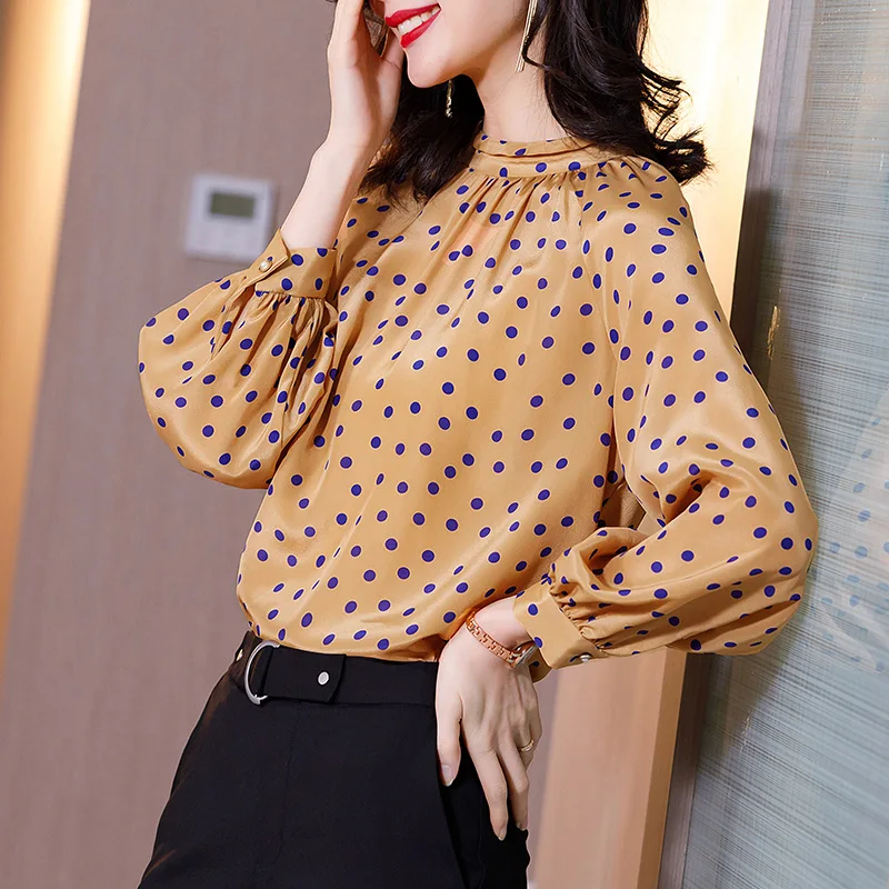 

Birdsky, Women long sleeve shirt blouse office lady top 100% real mulberry silk polka dot print, DS-08