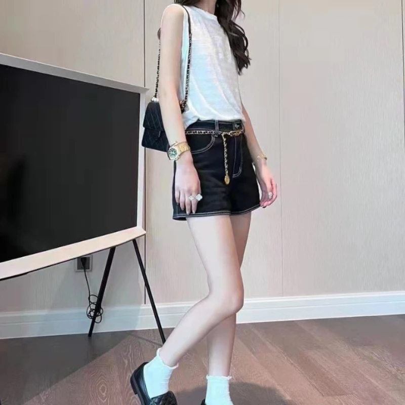 2022 Summer New High Waist Denim Shorts Women's Design Feeling Small Loose Fashion a Casual Wide Leg Pants