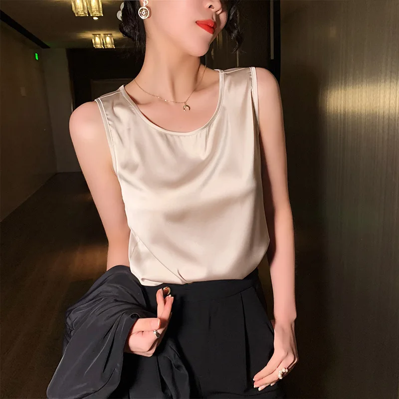 

Women Basic Cozy Tanks 100%Real Silk O Neck Sleeveless Chic T Shirt Solid Summer Vests White Pink Beige Mulberry Silk Tank Top