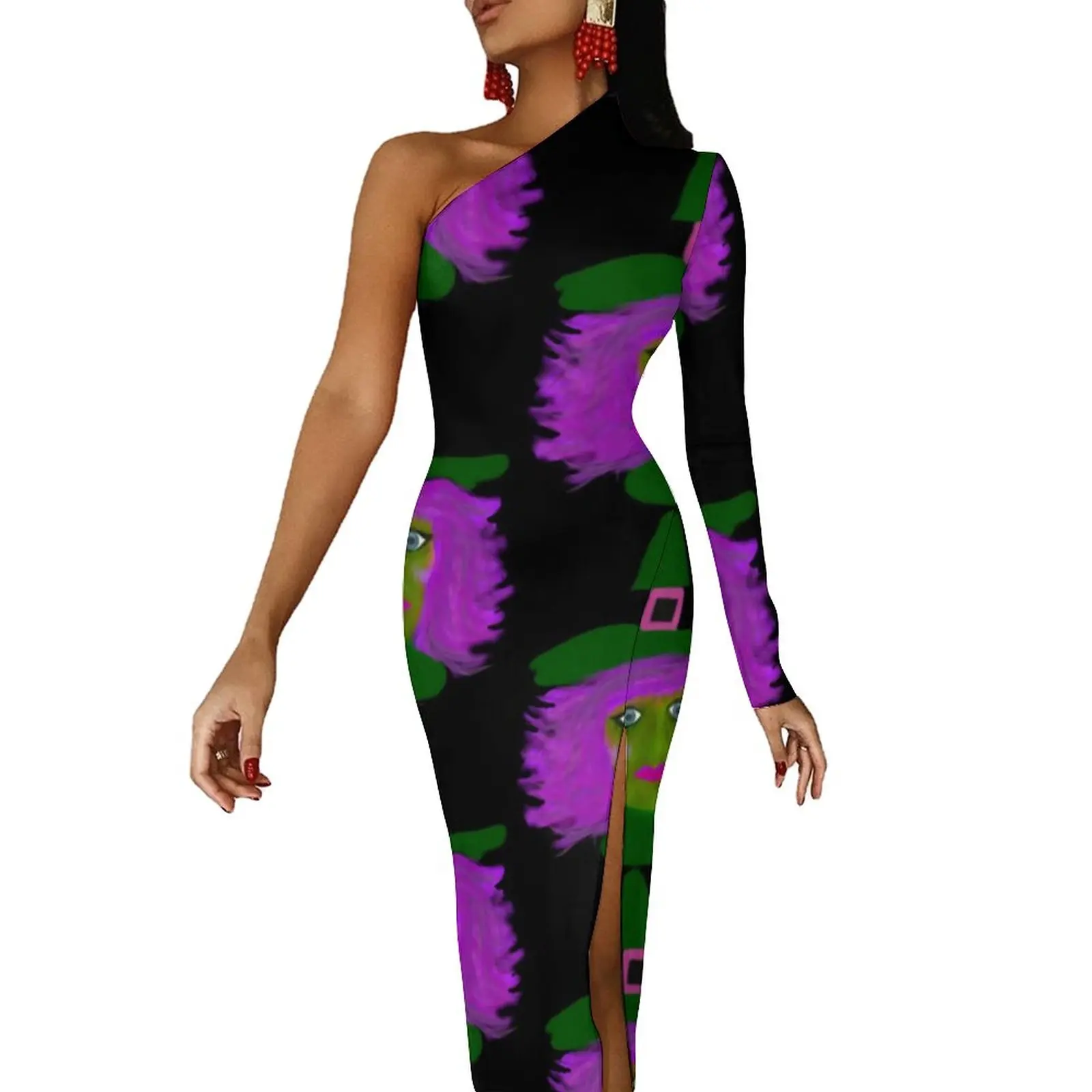 

Cute Halloween Witch Long Dress Female Cartoon Print Party Maxi Dress One Shoulder Sexy Bodycon Dresses High Slit Trendy Vestido