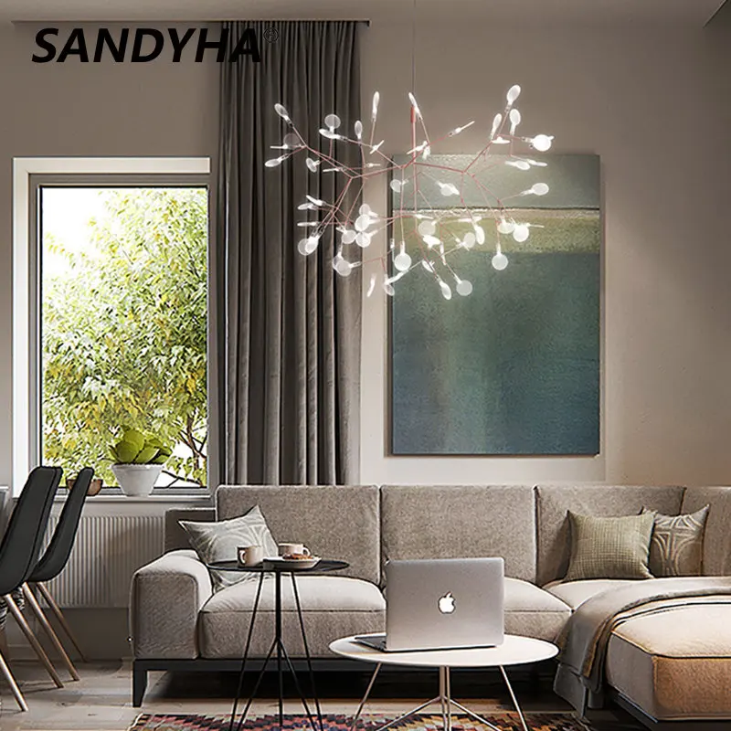 

Nordic Modern Firefly Designer Chandeliers Creative Branches Personalized Iron Arylic Hanging Lights Living Room Pendant Lamp