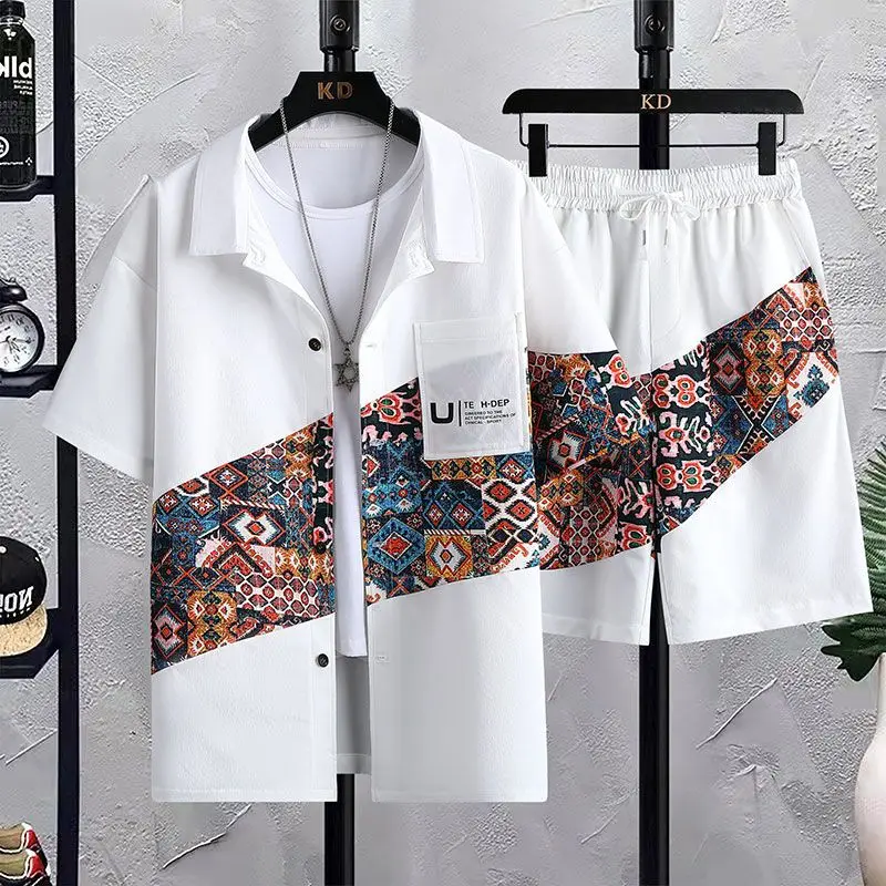 High-Quality Summer Men's Short Sleeve Shirt Shorts Suit Fashion Stitching Print 2023 New Trend Clothes