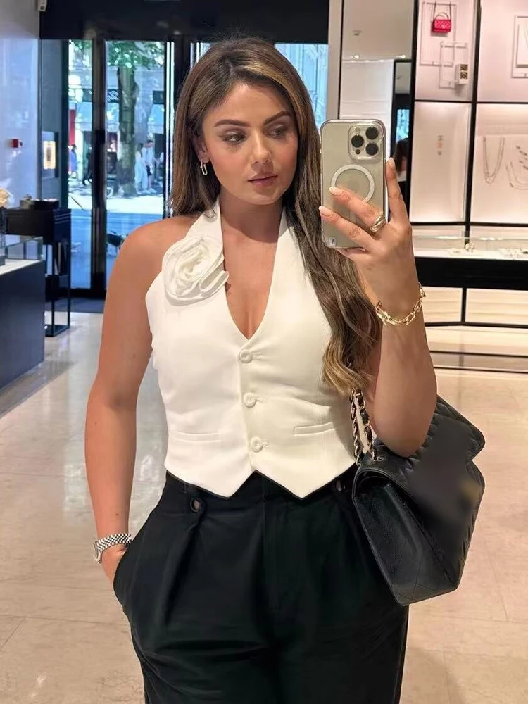 SIYANG Женский Укороченный Топ С Цветочной Аппликацией Летние Тонкие Бретели