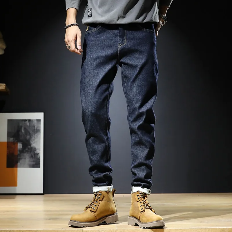 Autumn Men Jeans Korean Style Fashion Dark Blue Pencil Pants Streetwear Casual Slim Fit Denim Trousers
