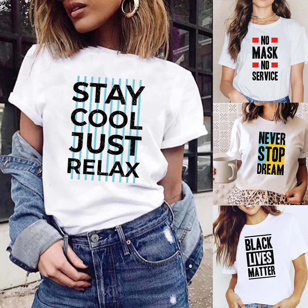 

T-shirt Tops Women New Harajuku Round Neck Short Sleeve Tshirts Breathable Streetwear Tees Comfortable Shirts Word Series Print