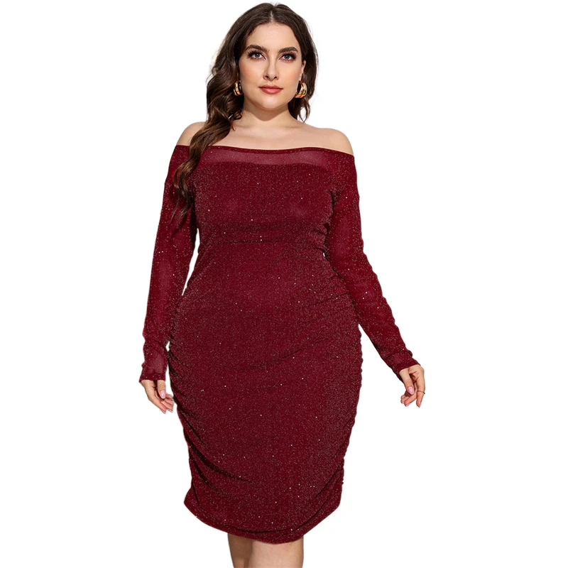 

Women Long Sleeve Plus Size Dress Summer Sequin Mesh Vestido Off Shoulder Bodycon Sundress Evening Mini Dresses Roupas Femininas