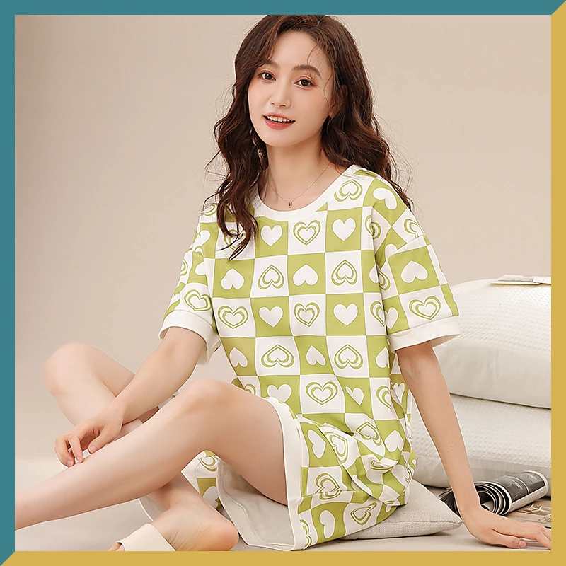Summer Thin Section Pajamas for Women's Cute and Casual Pure Cotton Three-point Sleeve Shirts Suit Sleepwear with  Round Neck