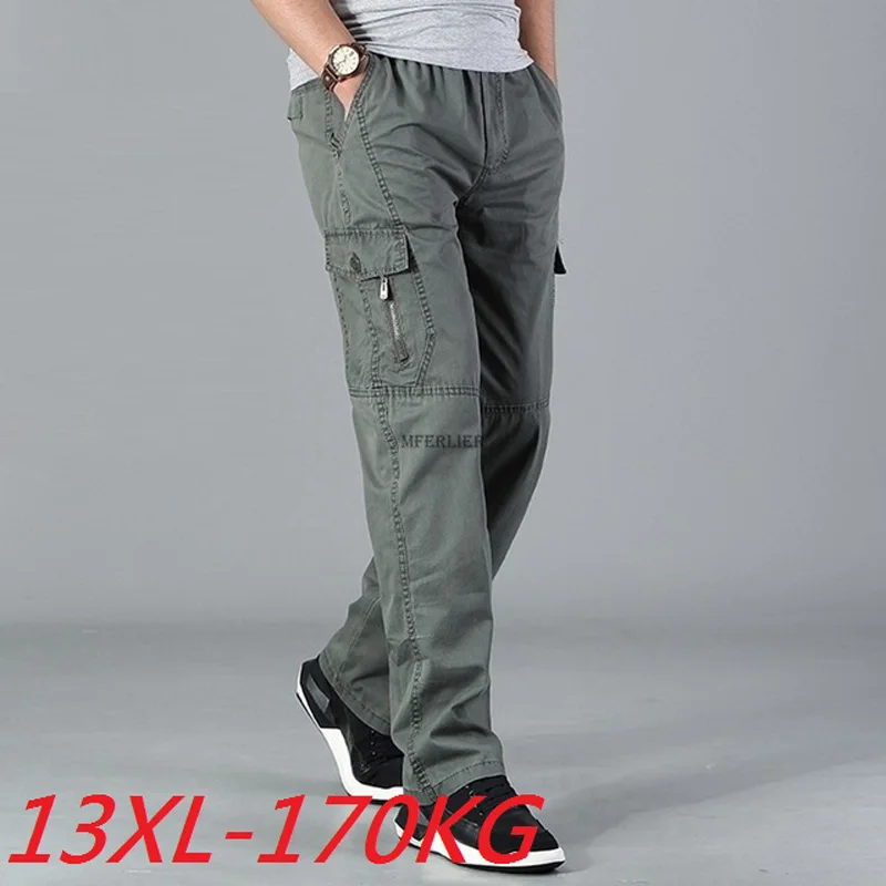 

13XL 170kg summer Men cargo pants pocket zipper out door big size pants male simple army green pants Straight trousers 48