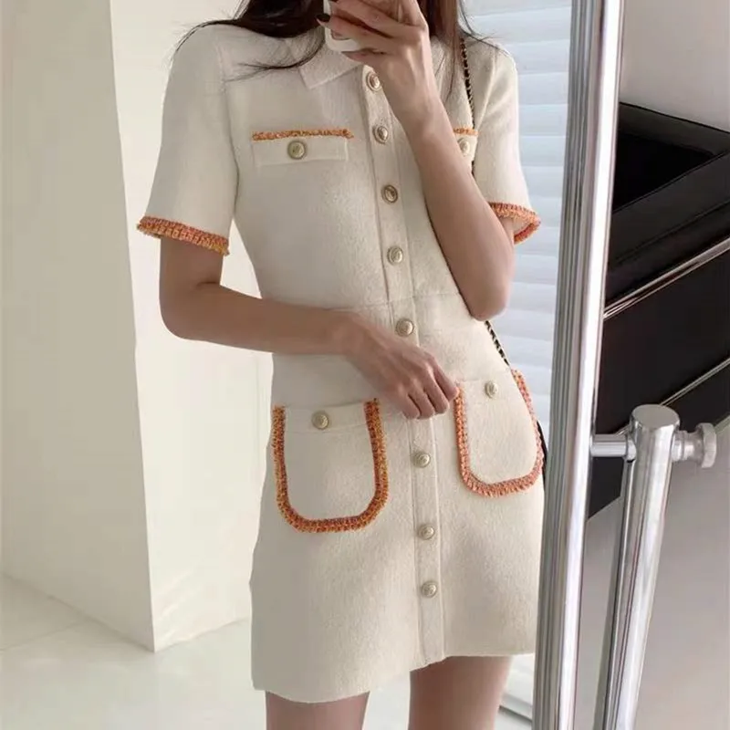 

French Small Fragrance Style Dress Elegant Temperament POLO Collar Single Breasted Lace Short Sleeve Knit Dress For Women G040