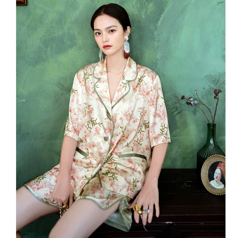 

Lady Print Floral 2PCS Pajamas Sets Retro Summer Short Sleeve Suit Collar Shirts Suit Sleepwear Sexy Nightwear Home Pyjamas Wear