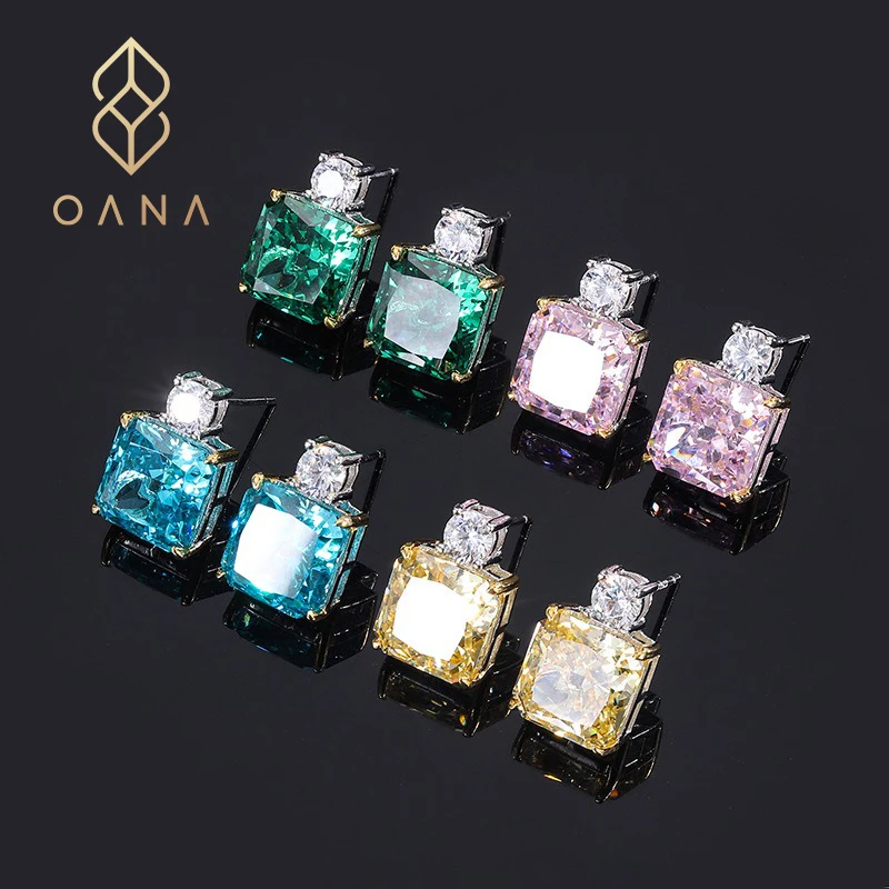 

OANA Women'S Earrings S925 Whole Body Silver High Carbon Diamond Crystal Clear Color Treasure Color Princess Square Jewelry