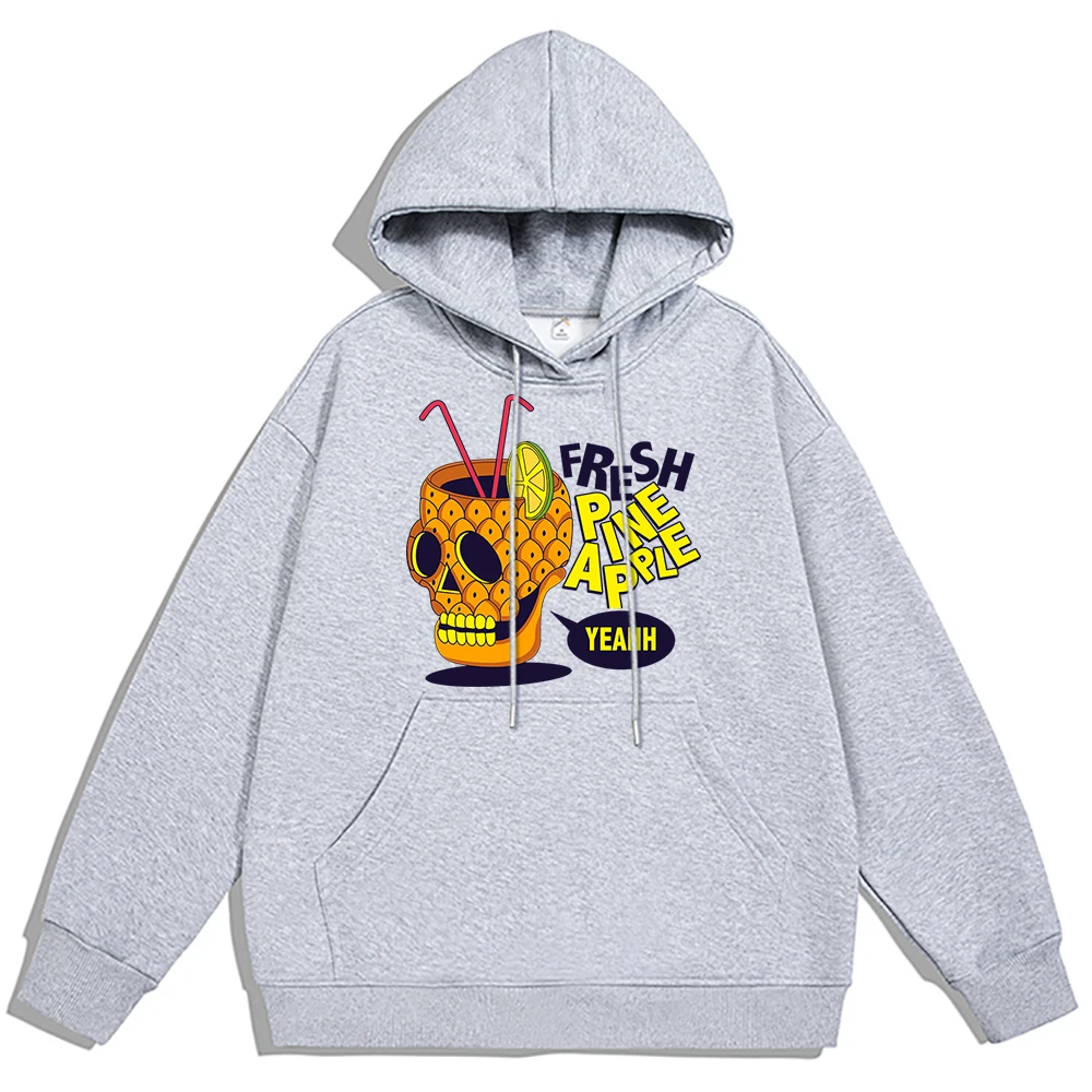 Fresh Skull Pineapple Juice Print Hoody Men Japan Anime Street Sweatshirt Hip Hop Style Fleece Hoodie Crewneck Pullover Menswear