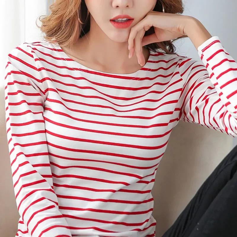 

y2k Tee Shirt Autumn Cotton T Shirt Women Loose O-Neck Woman Tshirts Clothes Striped Top Bottom Shirt Long-sleeved T-shirt