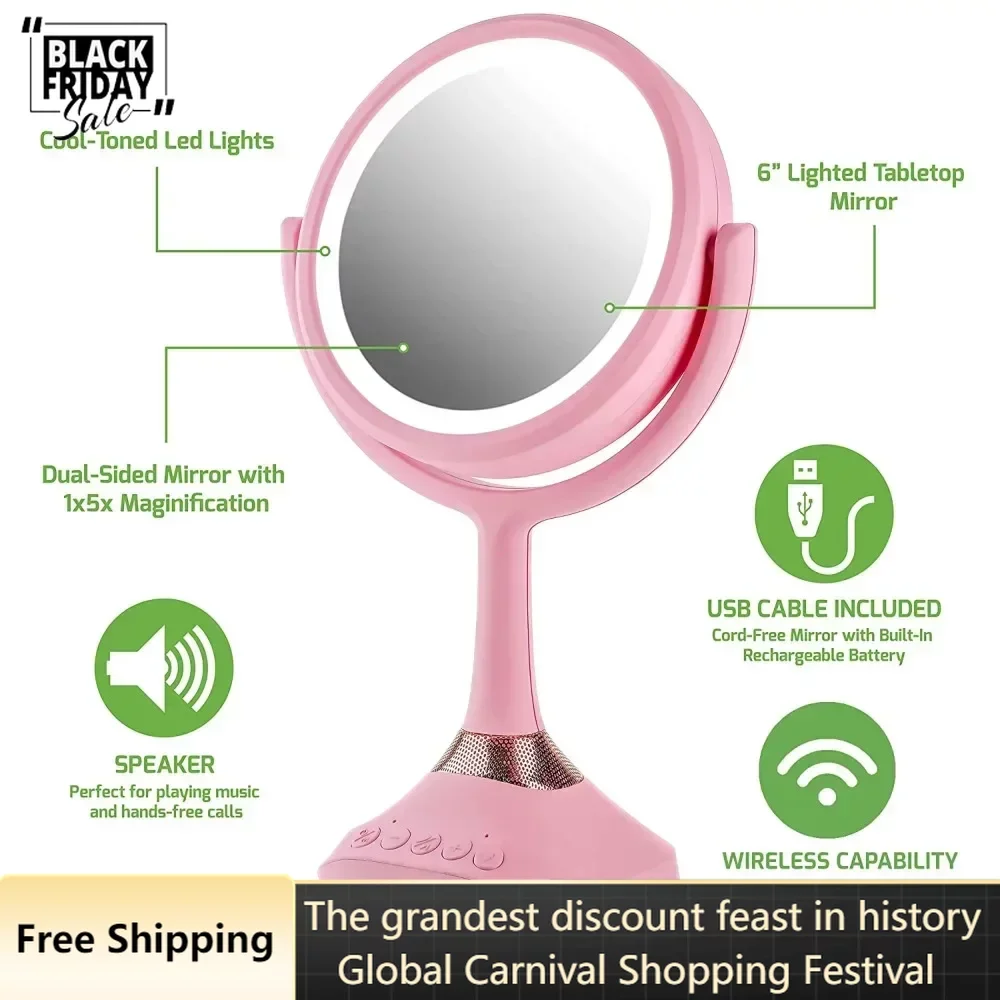 

Lighted Vanity Mirror, 360 Degree Spinning 6'' Double Sided Circle LED , Built-in Wireless Speaker, Rechargeable, USB Operated