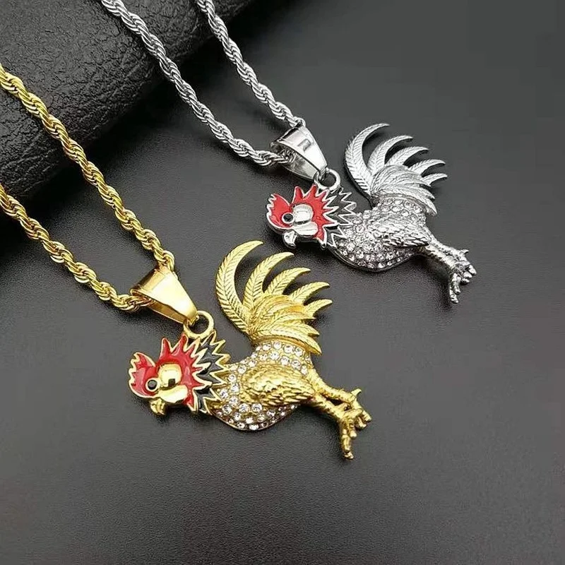 

Punk Hip-Hop Titanium Steel Necklace Gold-Plated Rhinestones Necklace Rooster Pendant Necklace 12 Zodiac Animal Accessories