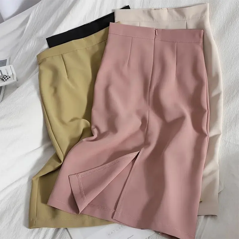 

Summer Pink Long Skirt Woman Korean High Waist Back Zipper Office Midi Skirts Ladies Elegant Split OL One Step Skirt Women