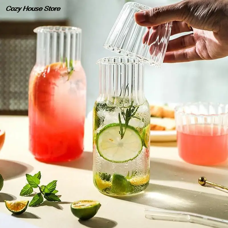 2Pcs Glass Water Carafe Modern Minimalist Cold Hot Water Bottle Cup Sets Bedside Water Pitcher