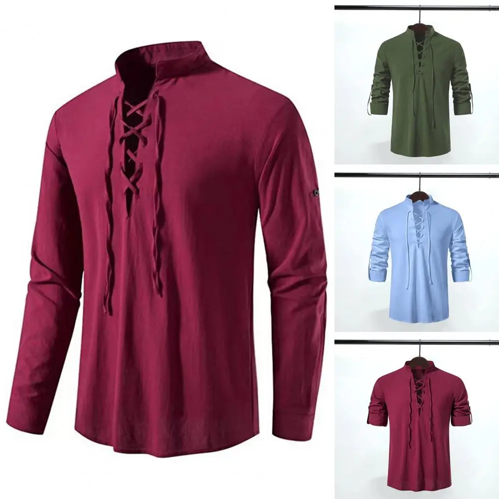 

Men Solid Color Shirt Vintage-inspired Men's Slim Fit Tops with Stand Collar Lace-up Detailing for Casual Stylish Look Versatile