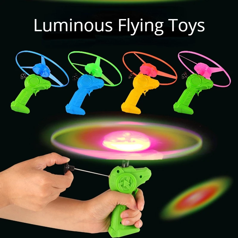 Funny Dinosaur Spinning Luminous Pull Wire Flying UFO LED Light Handle Flash Flying Toys for Kids Outdoor Game 1PC Random Color