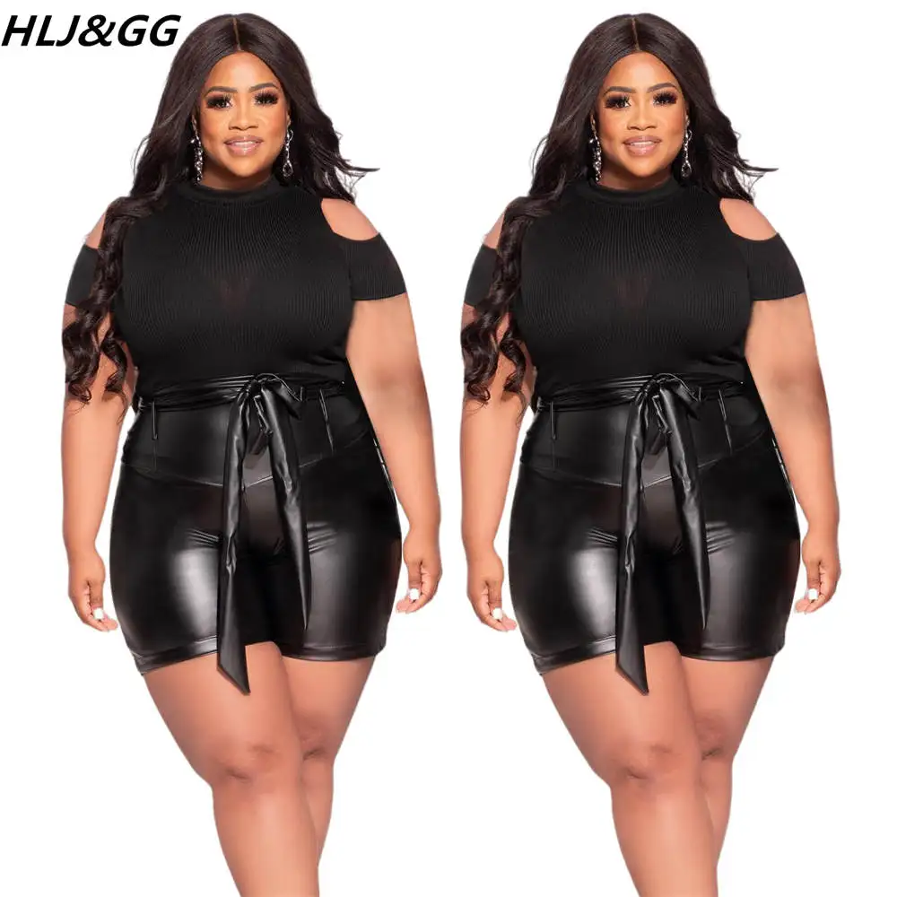 HLJ&GG Black Women Sexy Slim Two Piece Sets Summer PU Leather Skinny Shorts + Off Shoulder Top Outfits Plus Size Matching Suits