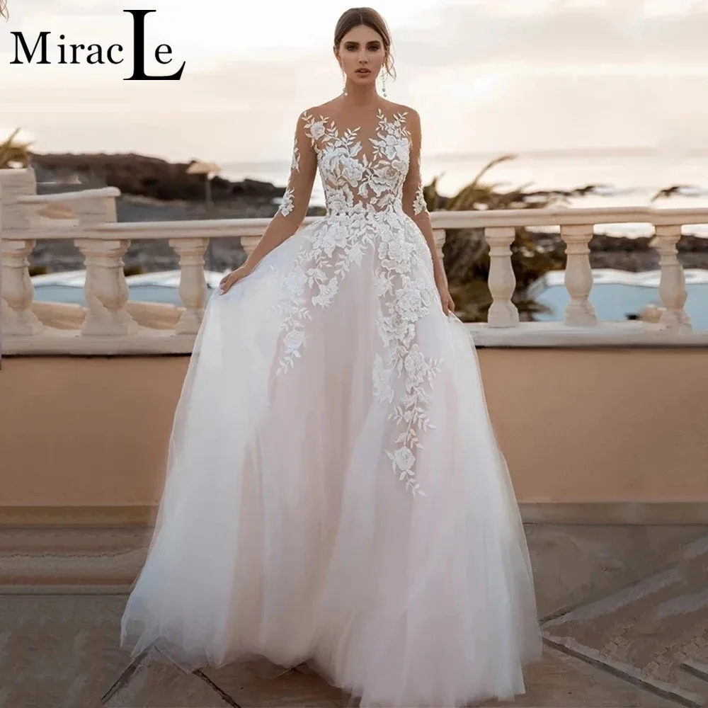 

V Neck A-line Wedding Dresses Long Sleeve Backless For Women Brides Floral Appliques Floor Length Princess Robe De Mariée