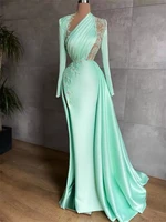green evening dresses glitter crystals long sleeves prom dress custom made ruffles satin formal party gowns robe de mari%c3%a9e