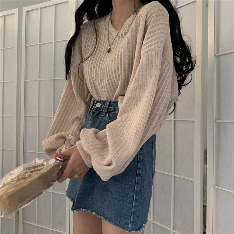 

Long Sleeve Knit Pullover Sweater Women Retro Loose Crazy Style Short Mutlicolor Pull Femme Autumn V Neck Lantern