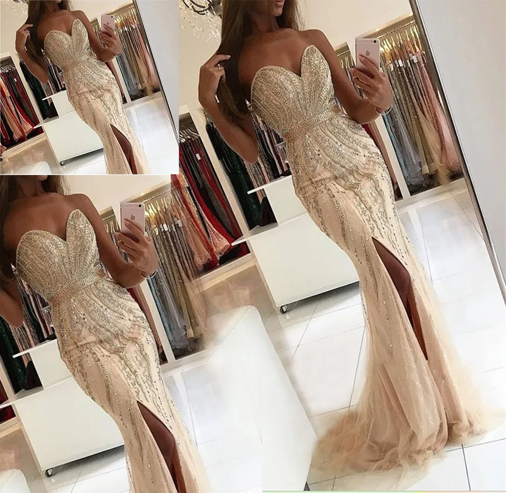 

Formal Evening Dresses Trumpet Sweetheart Strapless Sleeveless Floor-Length Sweep Train Crystal Beaded Tulle Thigh-High Slits