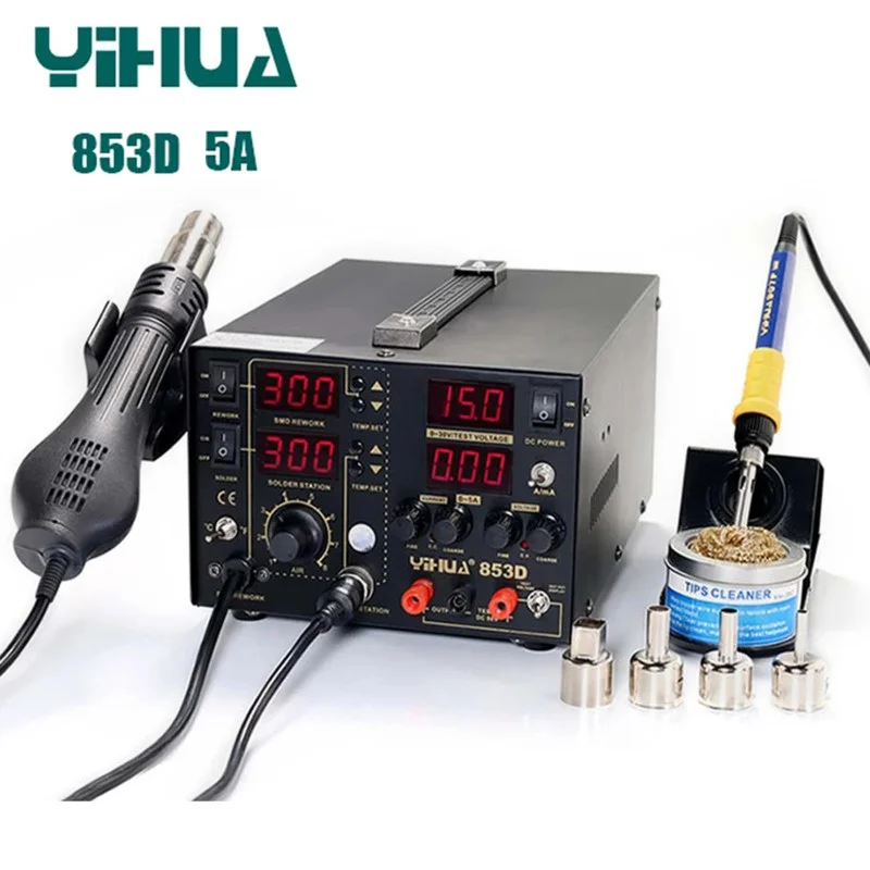 Источник питания постоянного тока YIHUA 853D 5A II с паяльной станцией горячим воздухом 970 Вт, паяльная станция 3 в 1