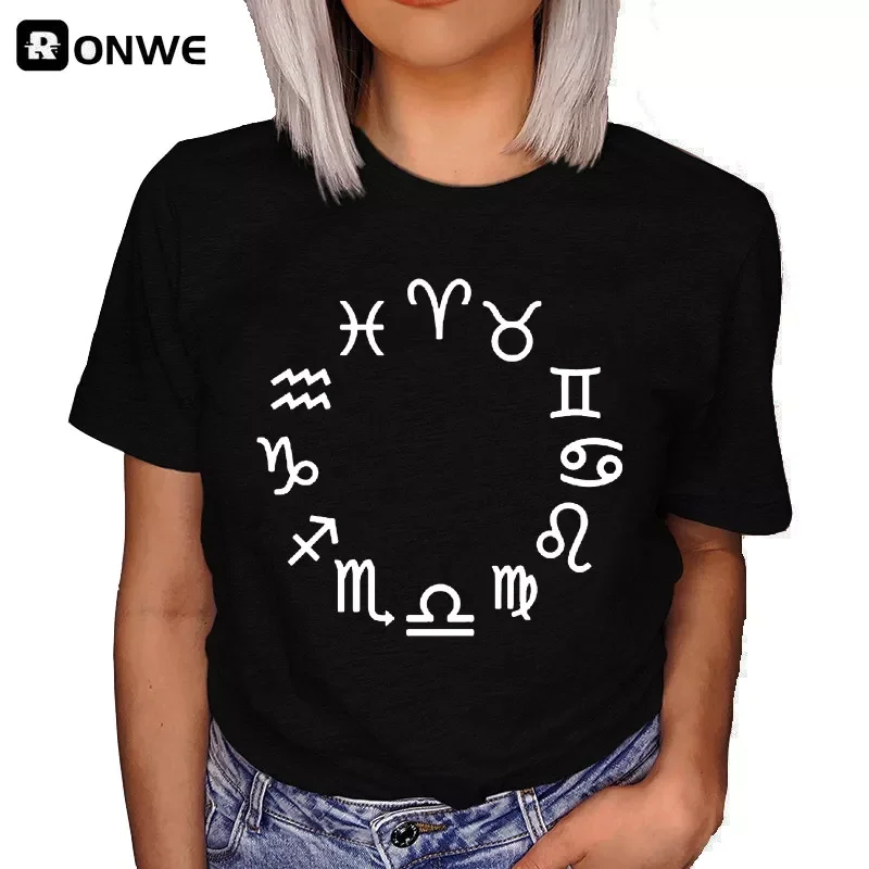 

2022NEW Constellations Zodiac Women Black T shirt Girl Y2K Summer Harajuku 90s T-shirt soft Breathable Clothes,Drop Ship