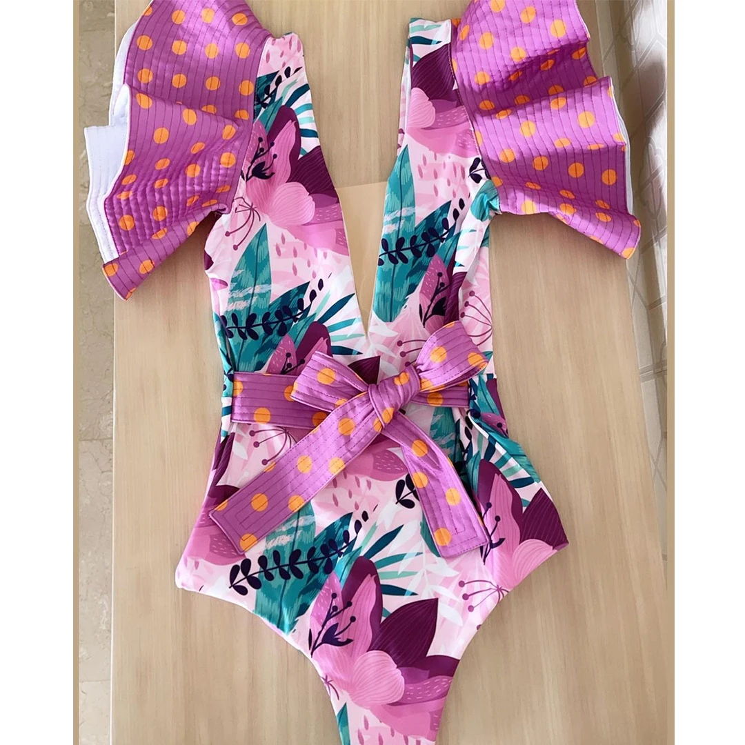 

2023 New Sexy Ruffle Print Floral One Piece Strappy Slimming Swimwear Women Swimsuit Bathing Suit Beach Wear Monkini Summer
