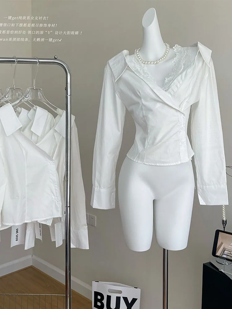 wysokiej jakości patchworkowa koszula z rękawami wąskie topy damskie skręcić w dół kołnierz Off ramię białe koszule jesień 2024 bluzki