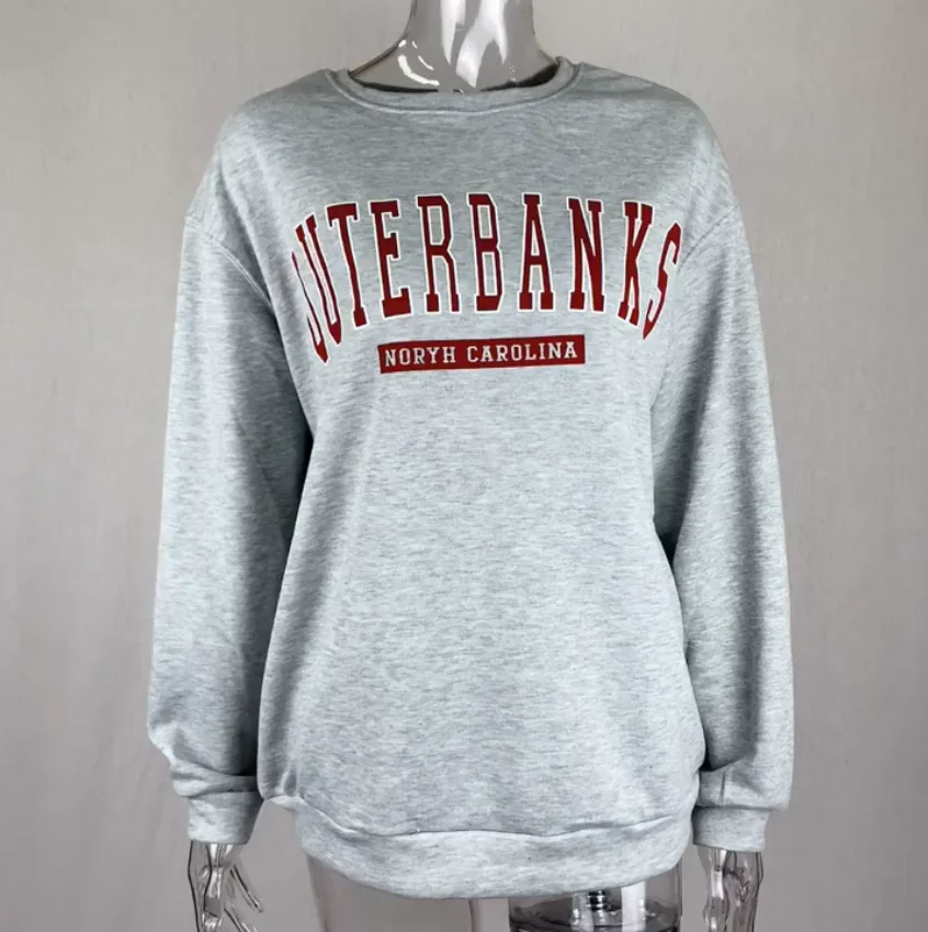 Пуловер женский с круглым вырезом и длинным рукавом свитшот надписью серого