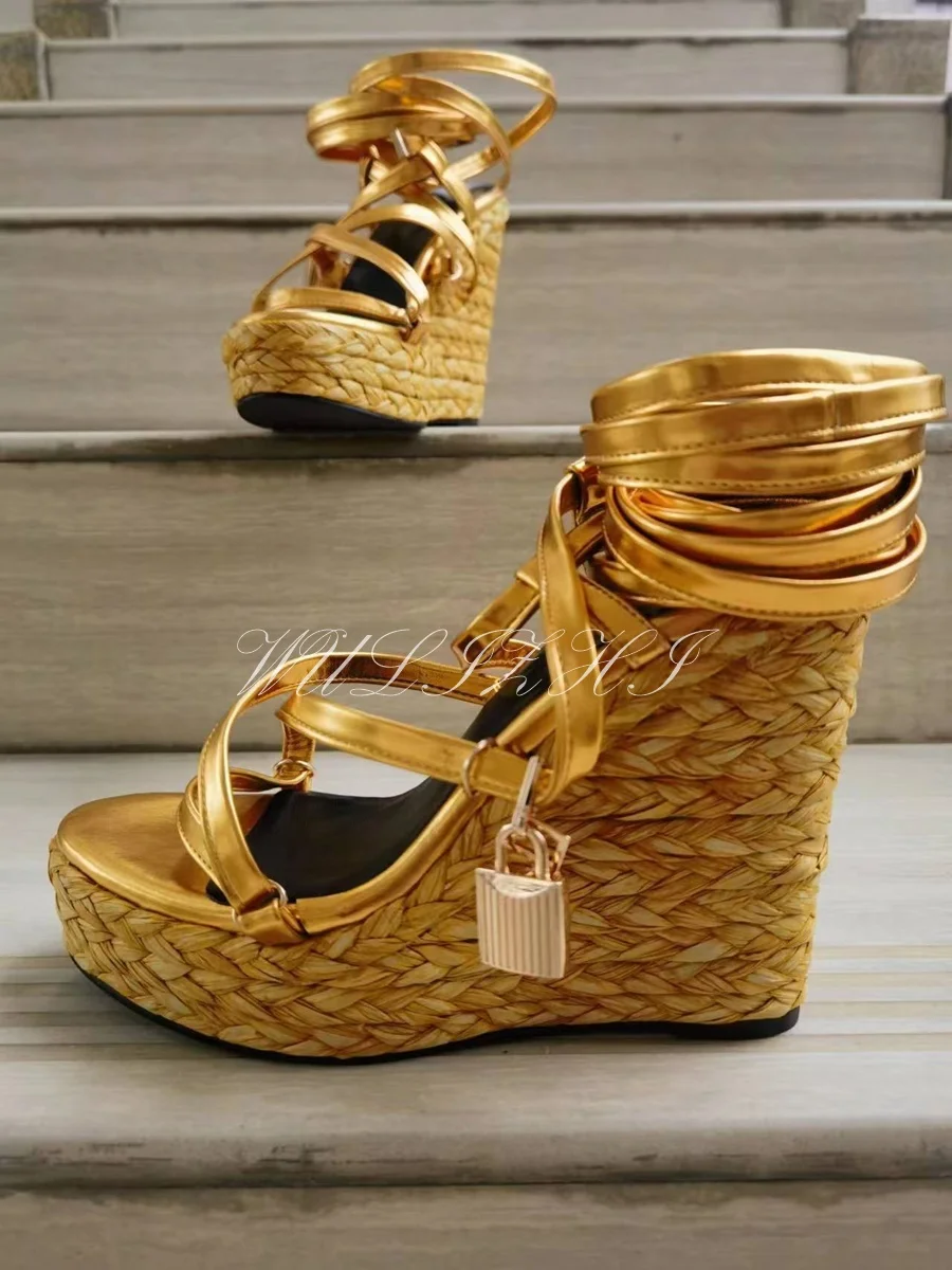 Woman Gold Bling Cross Metal Buckle Wedge New Espadarille Strap Design Platform Open Round Sandals Lace Hollow Sexy Luxury Shoes