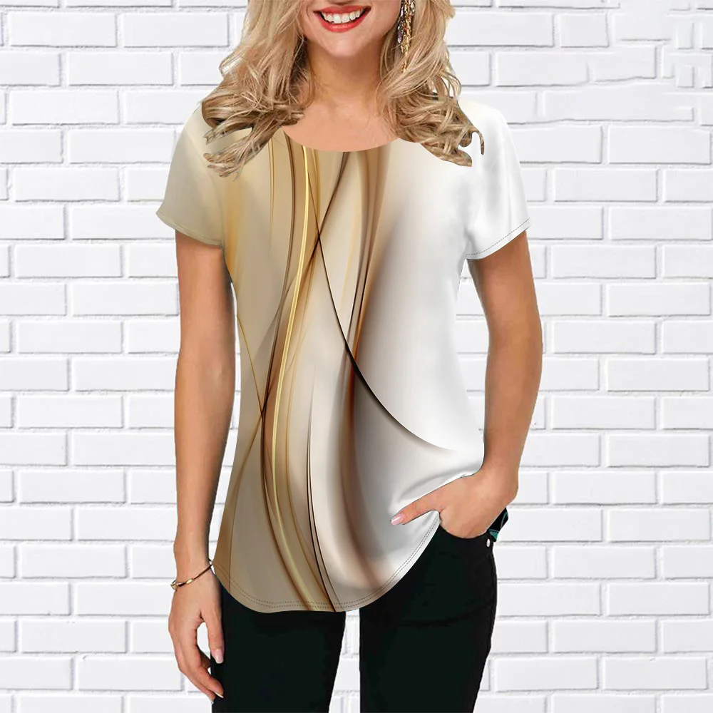 

New Women's O Neck Tee 3D Color Stripe Printed Female Fashion Pullover Top y2k Short Sleeve Girls Shopping Gathering Blouse