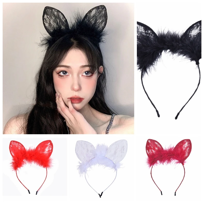 

New Cute Cat Ears Feather Lace Headband Fashion Lace Hairbands Costume Ear Lace Headbands Lace Hairbands 2022